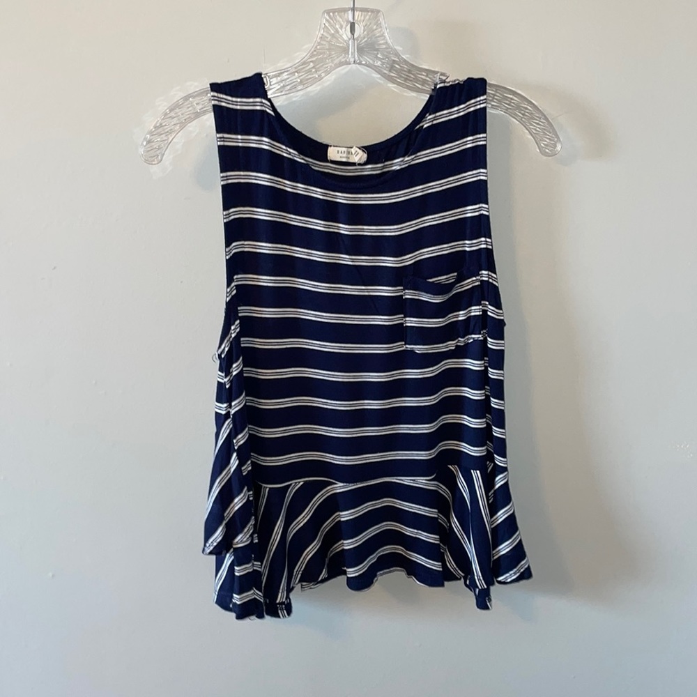 Navy and white striped ruffled border tank top